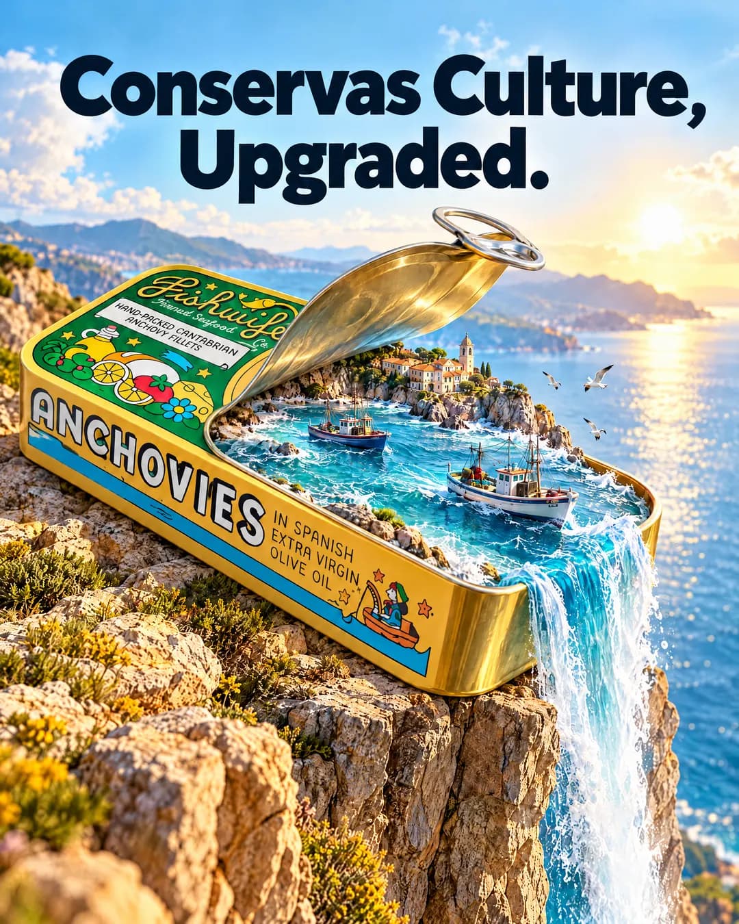 Fishwife Cantabrian Anchovies ad generated with Lothar AI, a giant tin opening onto a miniature ocean world, headline reads Conservas Culture, Upgraded.
