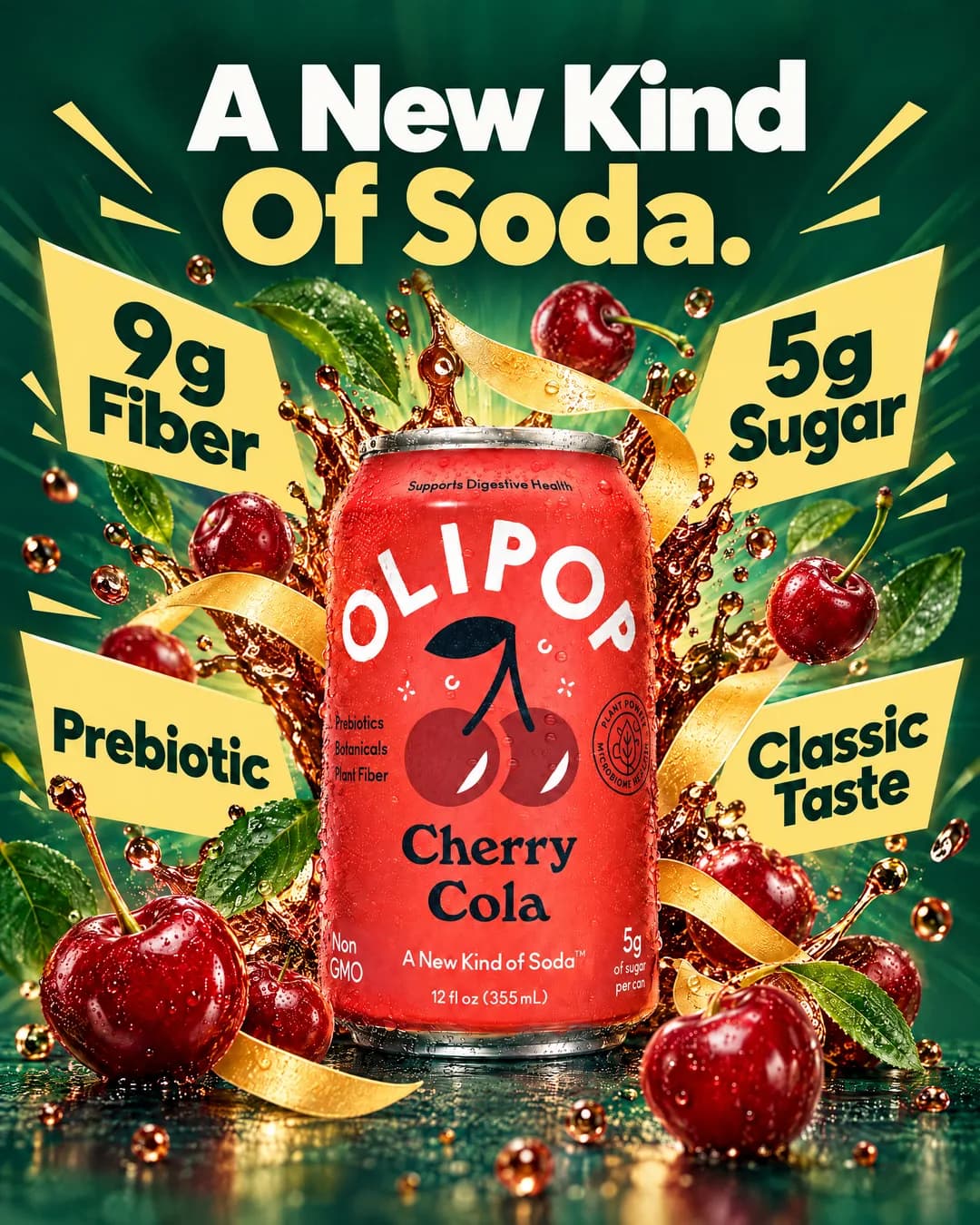 Olipop Cherry Cola starburst bento ad generated with Lothar AI, headline reads A New Kind Of Soda.